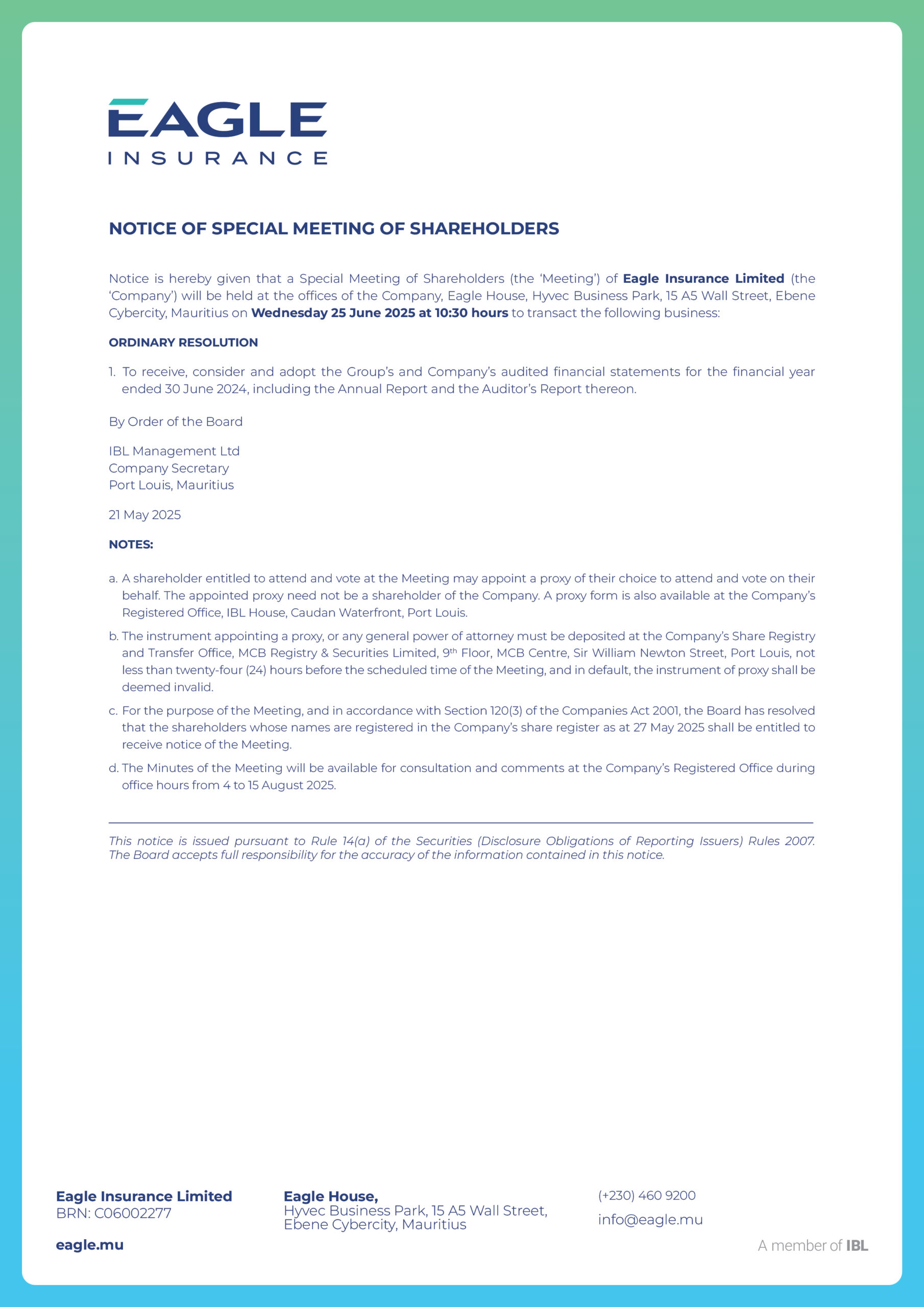 Notice of Special Meeting